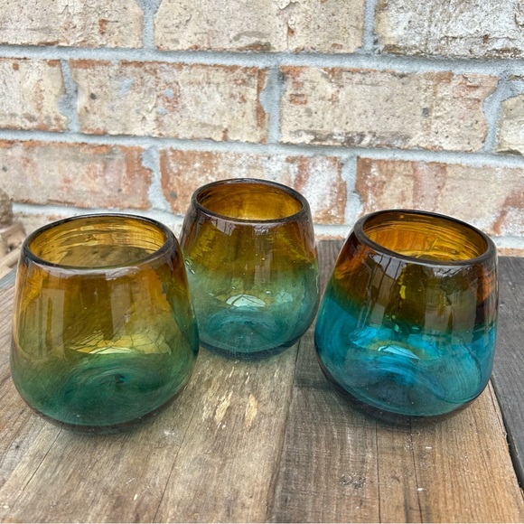 3 Stemless Hand Blown Art Recycled Glass Amber Sea Blue Thick Drinking Glasses - Picture 2 of 12
